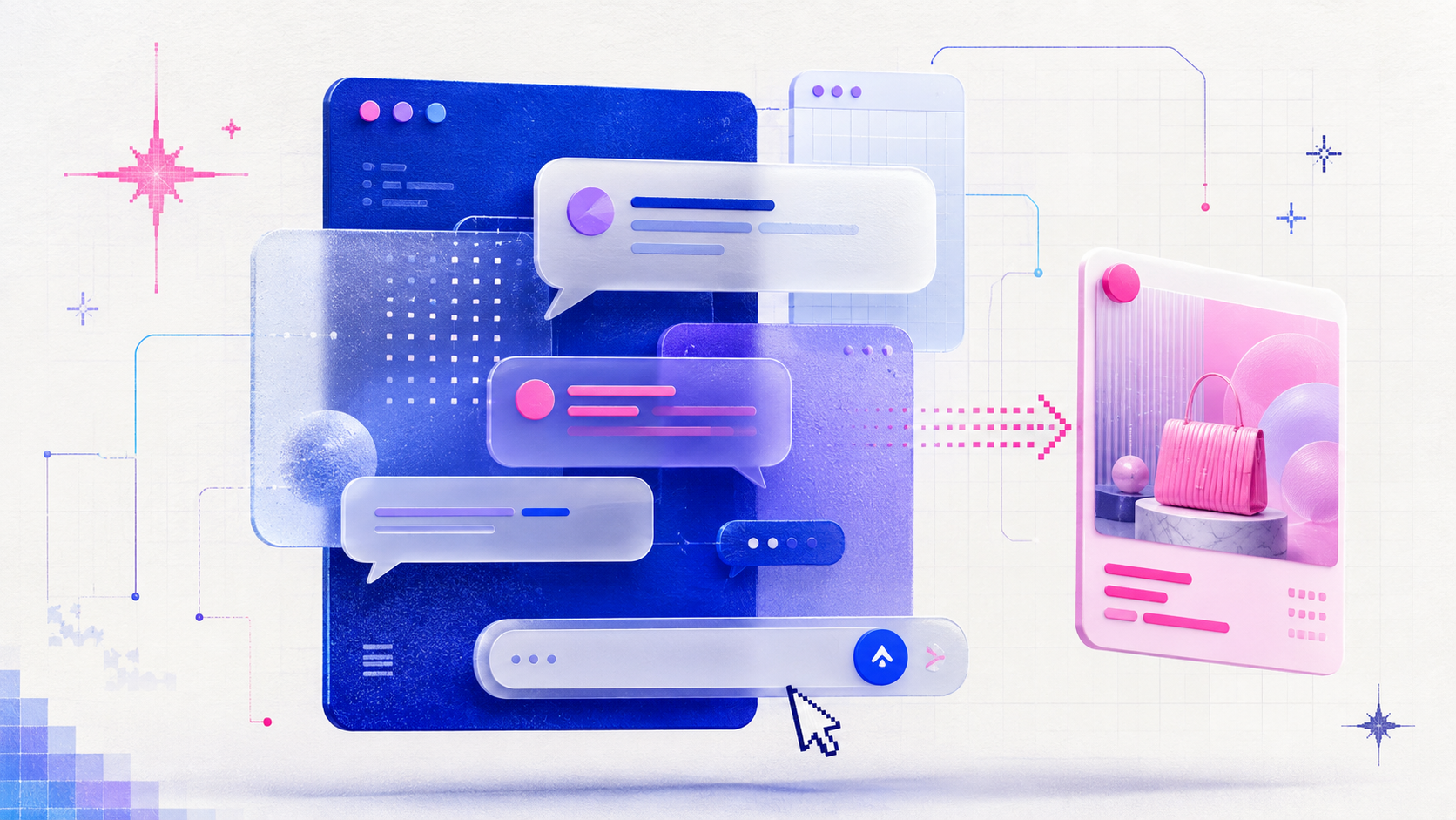Composição editorial abstrata inspirada em uma conversa digital e em publicidade patrocinada