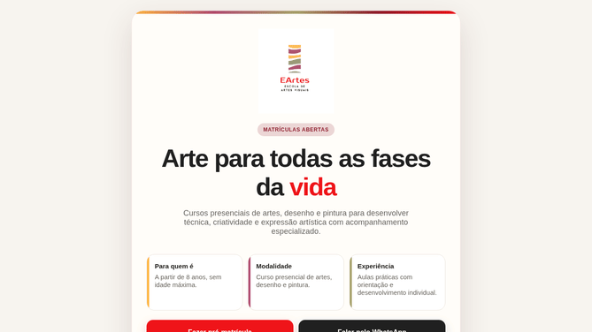 Landing page de pré-matrícula criada para a EARTES